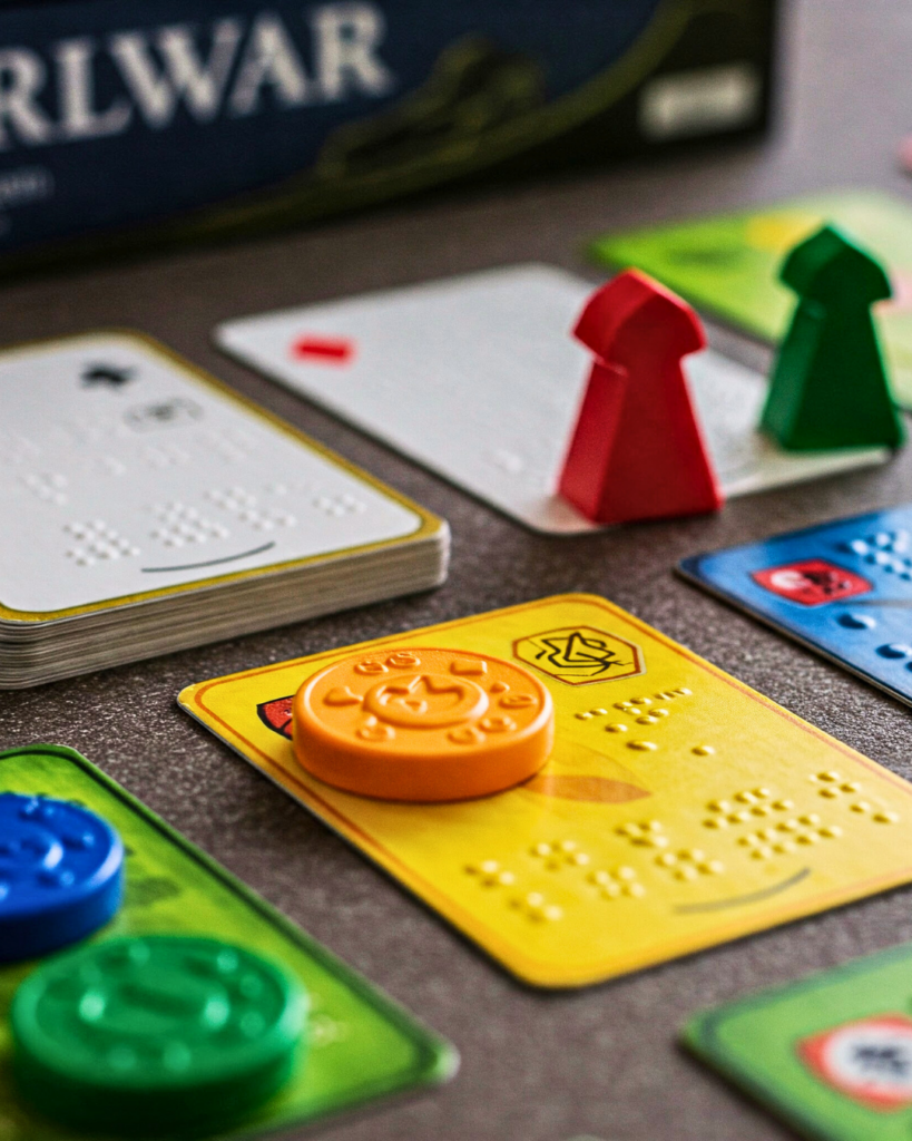 accessible board games elements: tokens, cards, meeples with braille and tactical elements