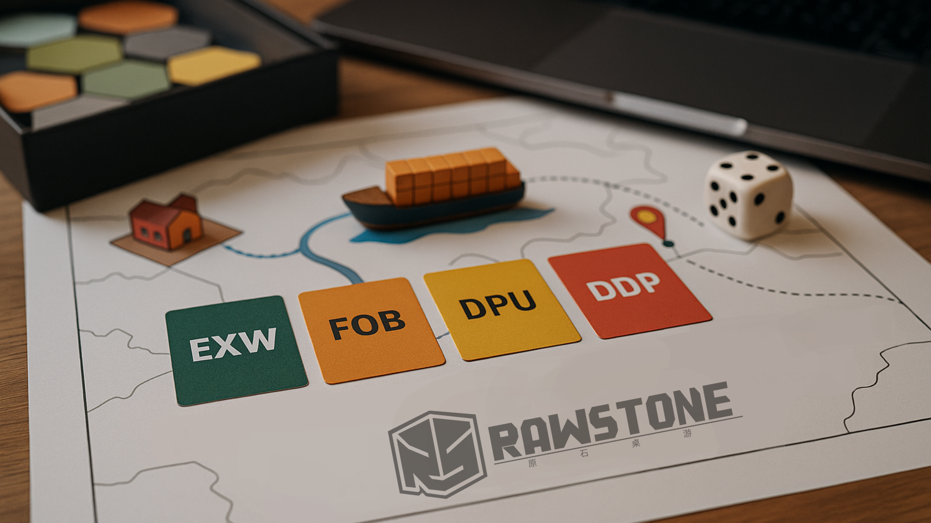 Illustration of Incoterms EXW, FOB, DPU, and DDP applied to board game manufacturing, showing a shipping route and game elements.