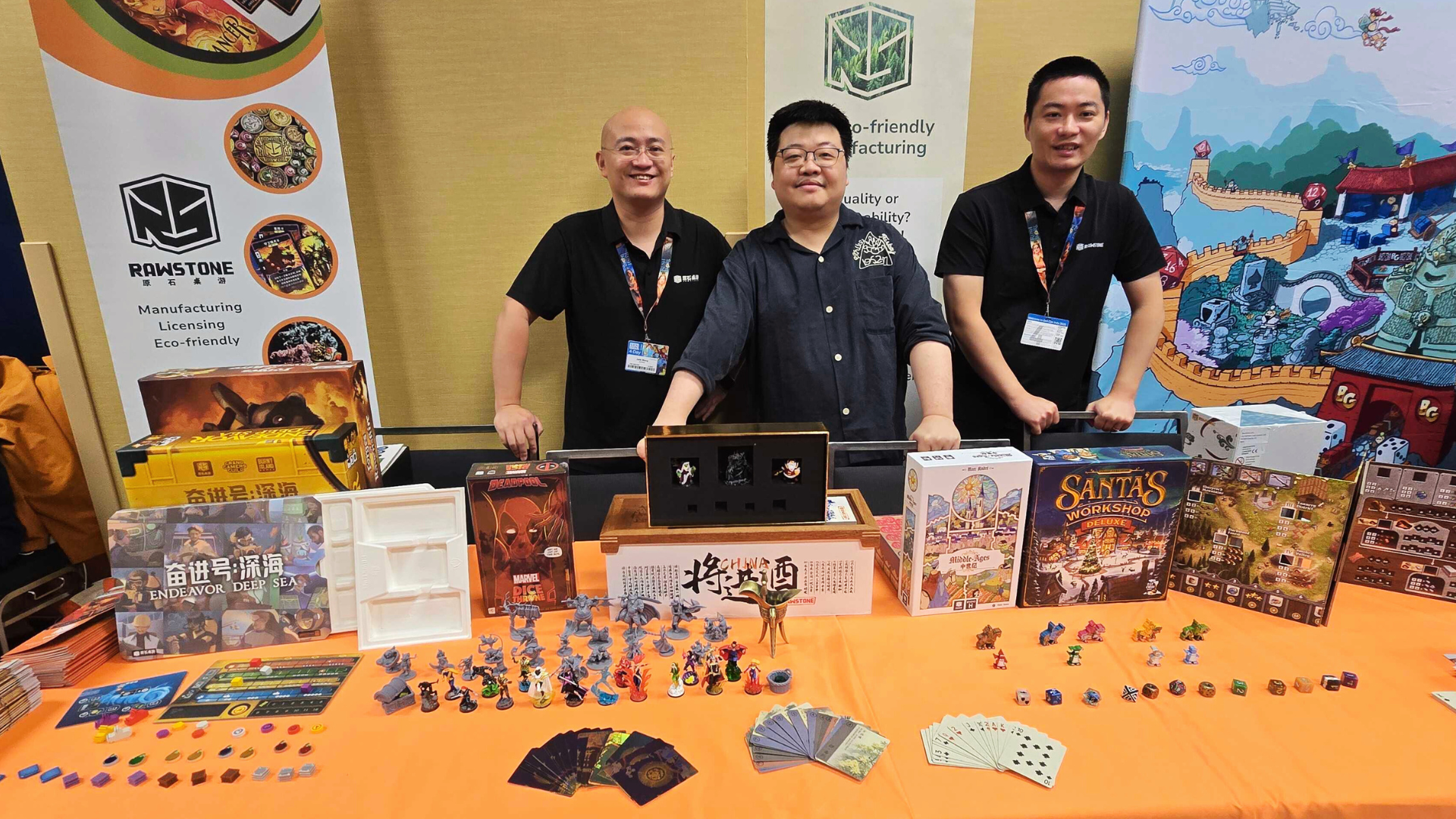 Rawstone booth at Gen Con 2025, showcasing sustainable board game components, eco-friendly materials, and licensing solutions for the Chinese market