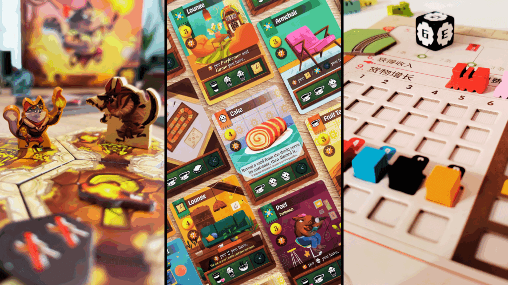 A top-down view of a board game in progress, showing meeples, cards, tokens, and tiles on a wooden table, representing different board game mechanics.