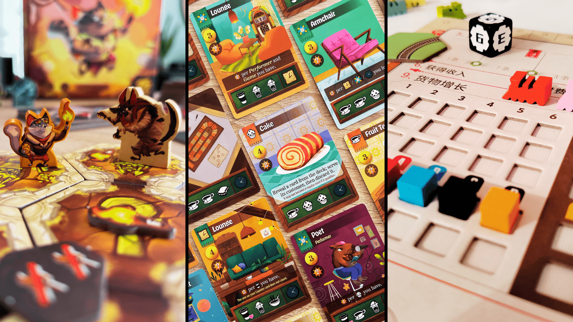 A top-down view of a board game in progress, showing meeples, cards, tokens, and tiles on a wooden table, representing different board game mechanics.