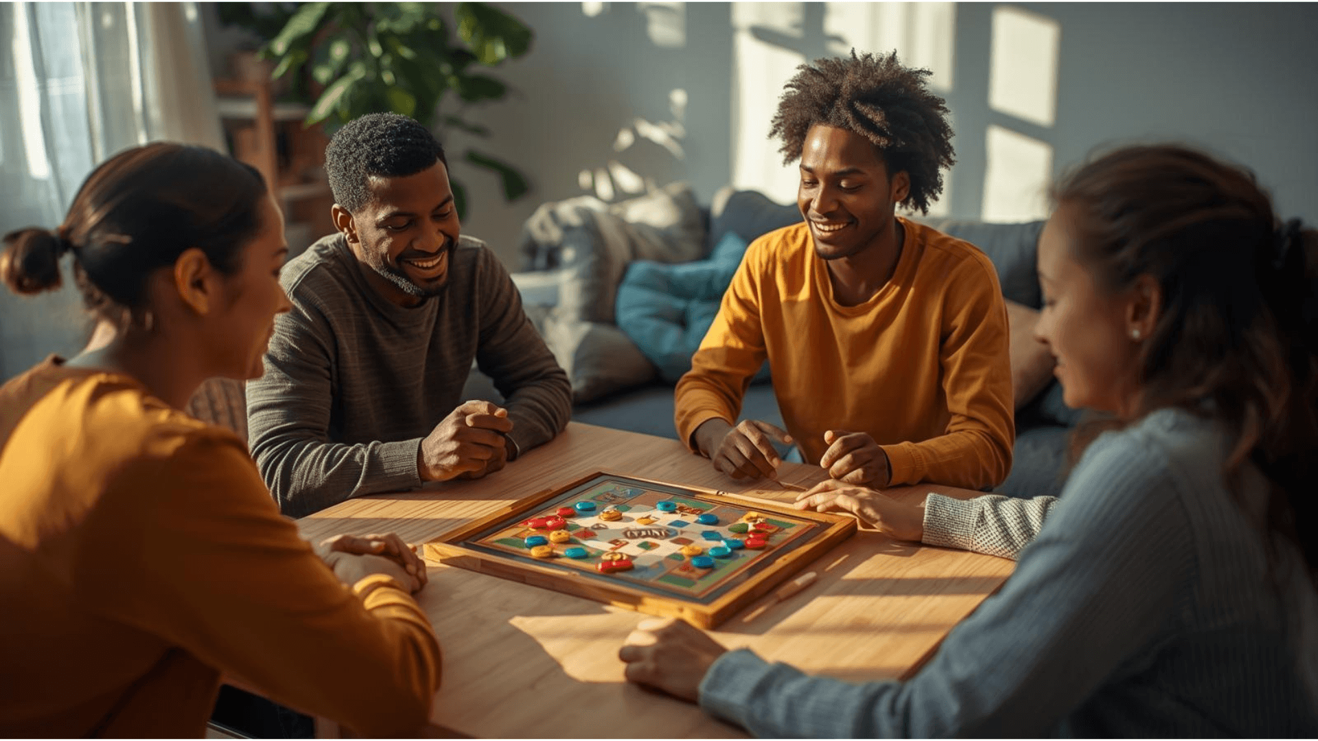 A group of friends playing a modern board game in a cozy, sunlit living room.