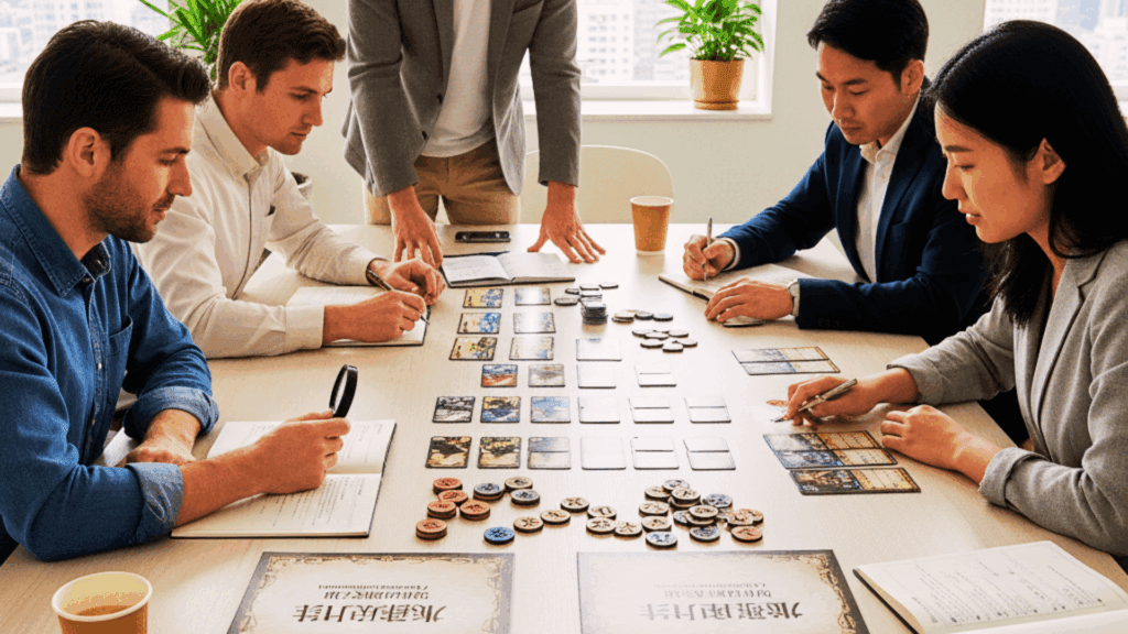 Close-up of a Western indie publisher reviewing localized components with Rawstone’s team during pre-production for the Chinese market launch